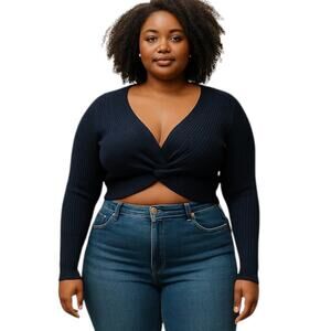 Daisy Women’s Black Ribbed Knit Twist Front Pullover Crop Top Plus Size 1X